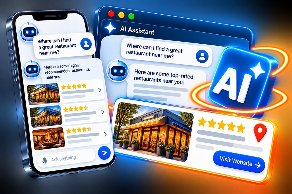 AI assistant recommending a local business: a phone and a desktop window showing an AI assistant suggesting a restaurant, with a Visit Website button.