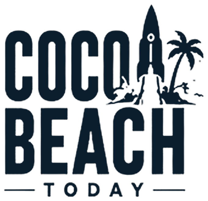 Cocoa Beach Today logo: bold navy lettering with a rocket forming the letter A and a palm tree on a beach.