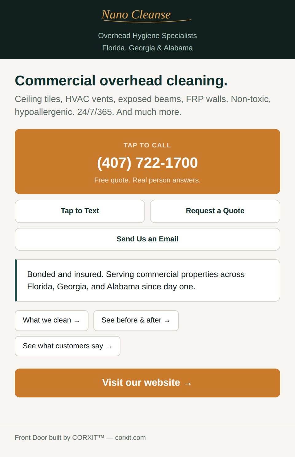 A real Front Door page built for Nano Cleanse, a commercial cleaning company