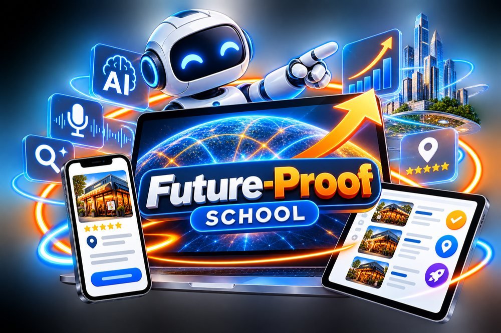Future-proof local business visibility: a friendly robot pointing toward a glowing future skyline, surrounded by AI, voice and search icons.