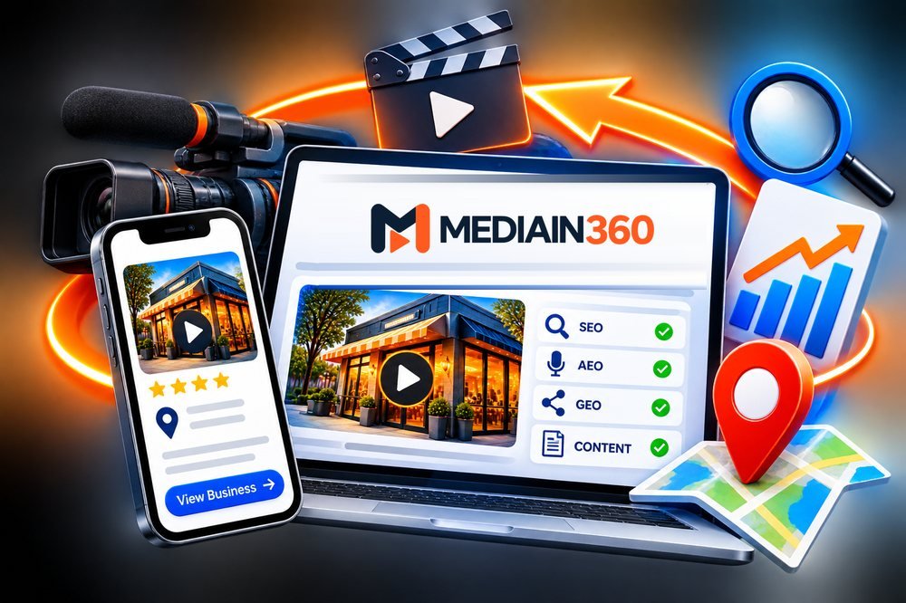 MediaIn360 video and landing page system for local businesses: a video camera, a laptop and a phone showing a business video page, surrounded by search, map and chart icons.