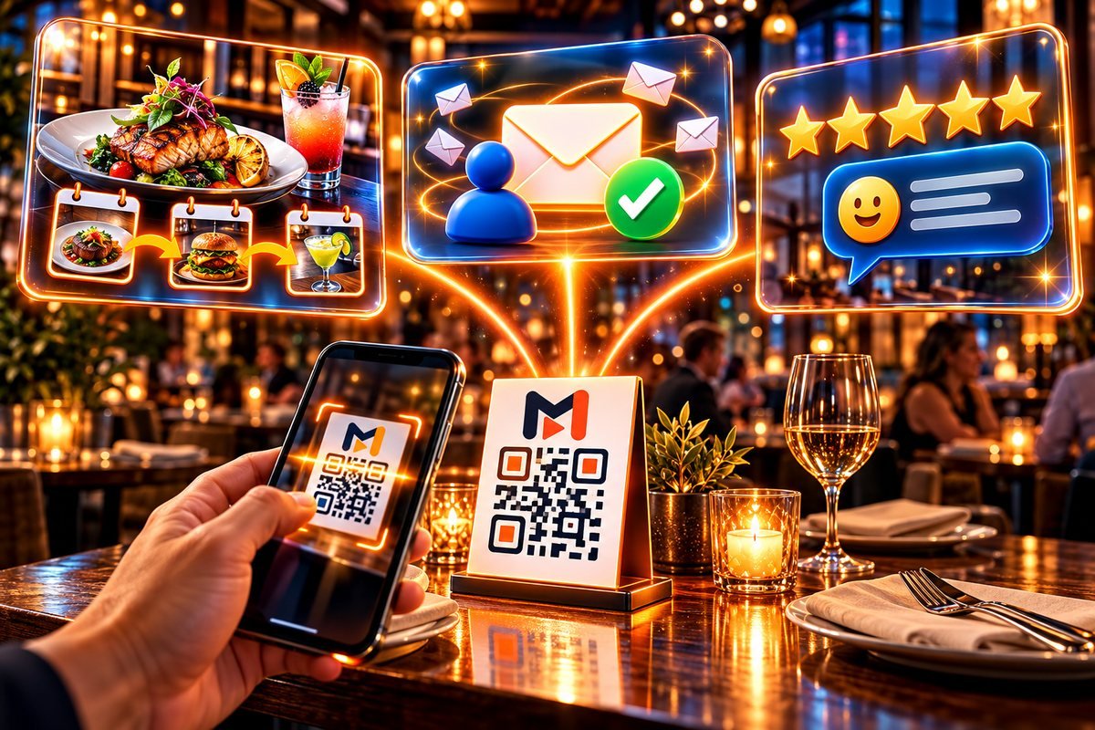 Restaurant table QR code card: a diner scanning a QR code on a small table card in a candlelit restaurant, with panels above showing a daily special, a sign-up and a coupon.