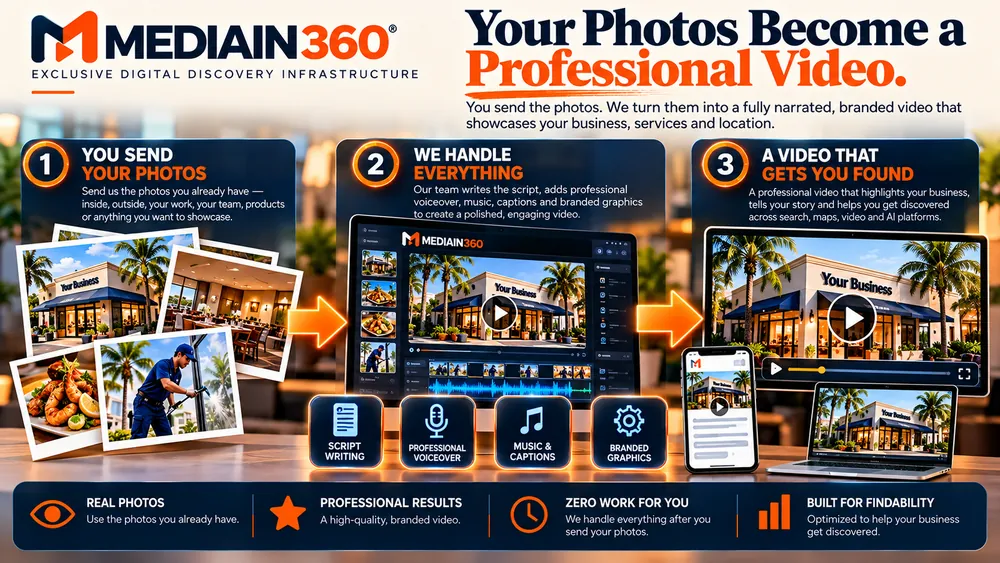 Turn business photos into a professional narrated video: you send photos, and MediaIn360 writes the script and adds voiceover, music, captions and branded graphics.