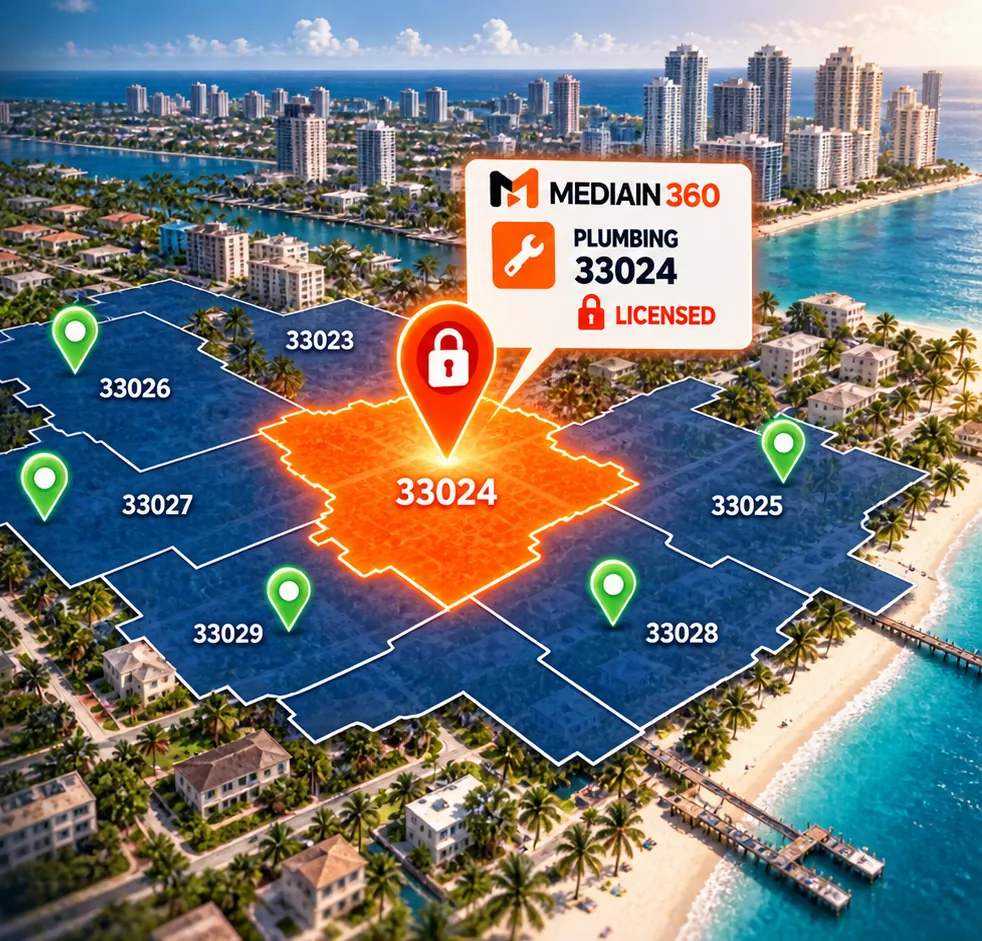 Exclusive ZIP code territory marketing for local businesses: an aerial illustration of a city divided into ZIP code territories. ZIP 33024 is highlighted in orange with a lock and the label Plumbing, Licensed; neighboring ZIP codes are shown in navy with green available markers.