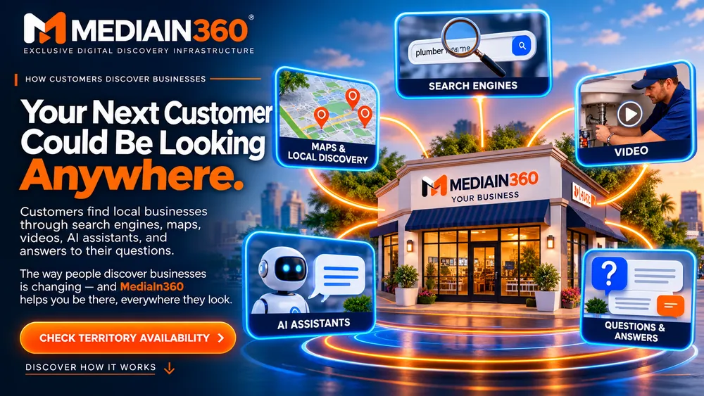How customers find local businesses online: a storefront labeled Your Business at the center, surrounded by five discovery paths: search engines, maps and local discovery, video, AI assistants, and questions and answers.