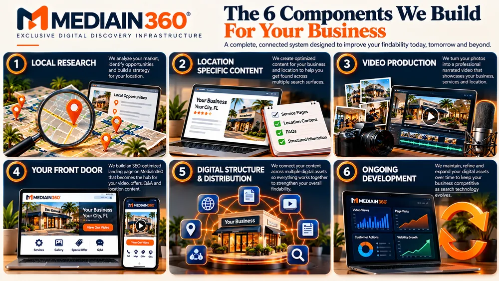 Local business discovery system with six parts: local research, location-specific content, video production, your Found First landing page, digital structure and distribution, and ongoing development.