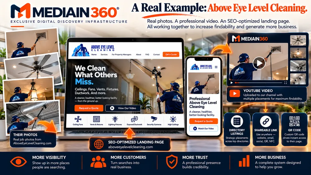 Local business video and landing page example built around Above Eye Level Cleaning: photos, a professional video, an SEO-optimized landing page, a YouTube video, directory listings, a shareable link and a QR code.