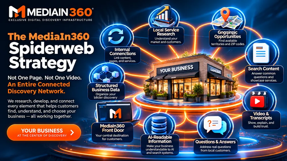 Local SEO spiderweb strategy: your business at the center, connected to local service research, geographic opportunities, search content, video and transcripts, questions and answers, AI-readable information, your Found First page, structured business data, internal connections and ongoing improvements.