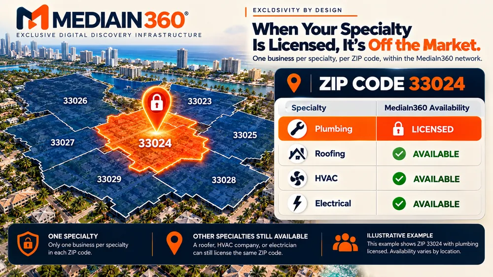 One business per specialty per ZIP code: in the example ZIP code 33024, plumbing is licensed while roofing, HVAC and electrical are available. Exclusivity applies within the MediaIn360 network. Illustrative example.