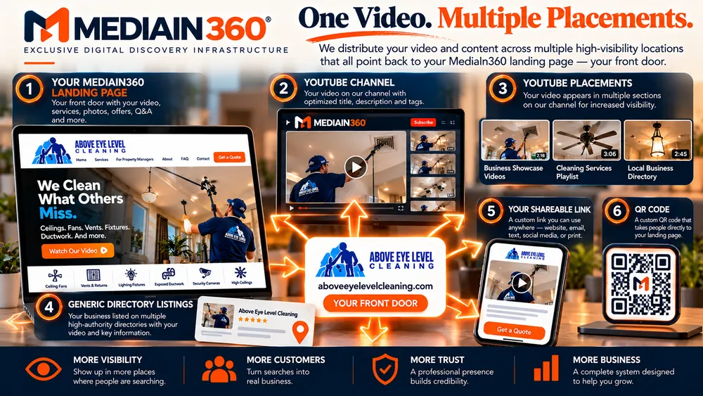 One video, many placements: a Found First landing page, a YouTube channel, YouTube placements, directory listings, a shareable link and a QR code, all pointing back to the same page.
