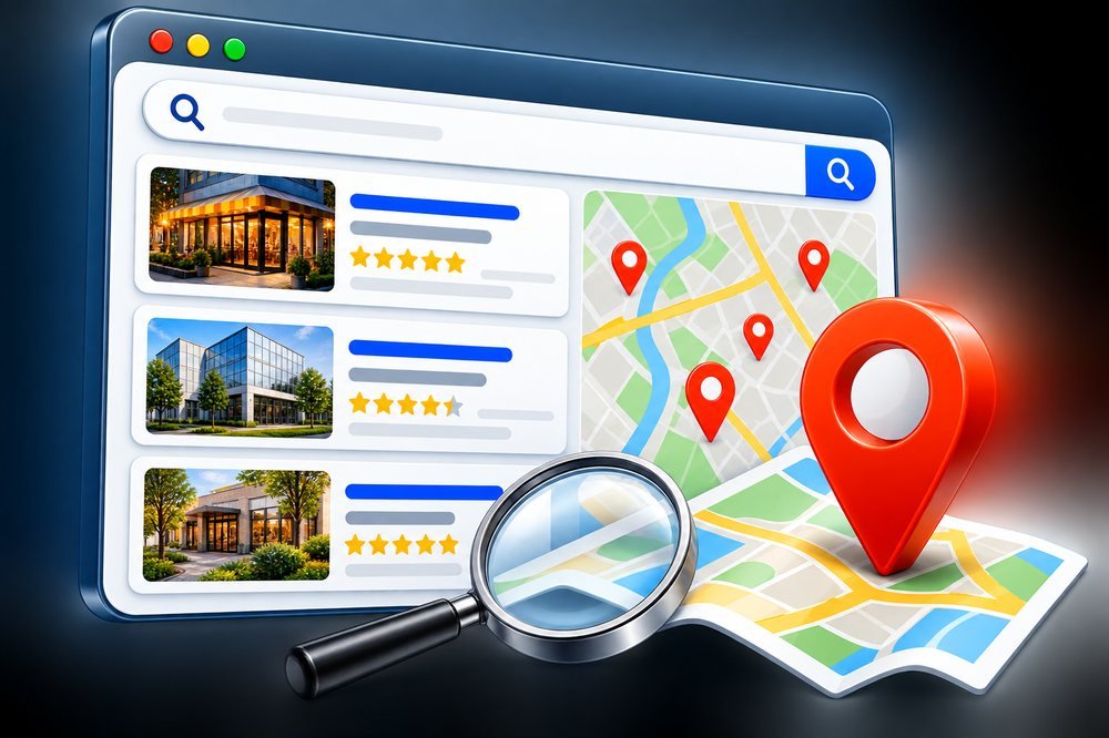 Traditional local search results: a search results page with local business listings, star ratings, and a map with location pins.