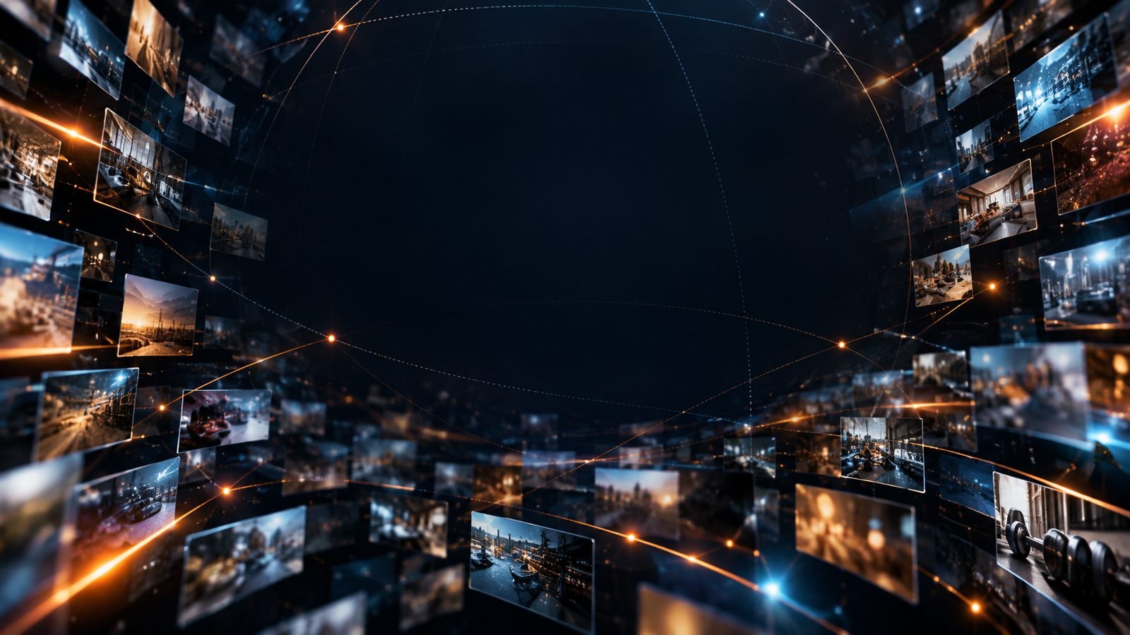 Visual Discovery Network for local businesses: a network of business photos connected by glowing lines across a dark digital globe.